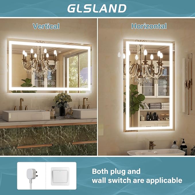 GLSLAND LED Bathroom Mirror - 48"x32" Anti-Fog Lighted Wall Mirrors with Memory Function, Dimmable, Frontlit & Backlit, Horizontally/Vertically, Tempered Glass