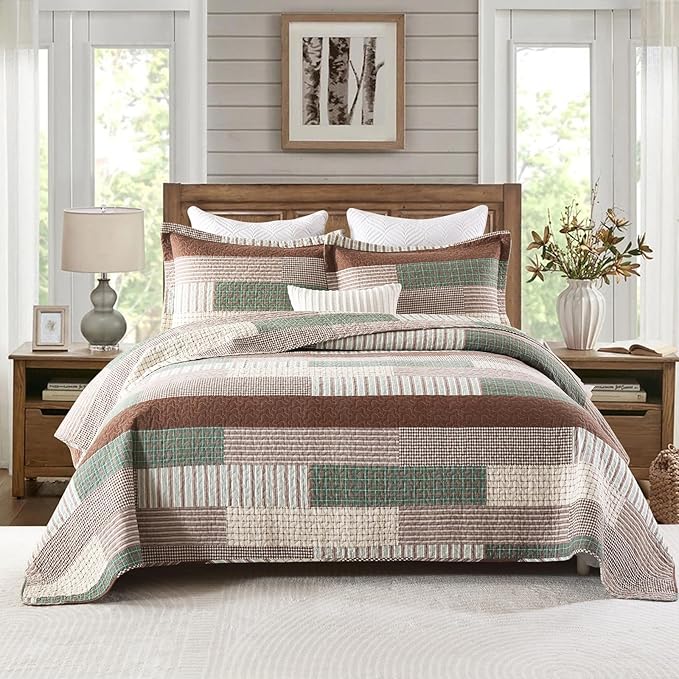 Uniclinens Plaid Quilt Queen Size, 100% Cotton Patchwork Quilt Bedding Set, Brown Lightweight Farmhouse Bedspread/Coverlet/Comforter Set, 3 Pieces Set with 2 Pillowshams, Brown/Green/Cream