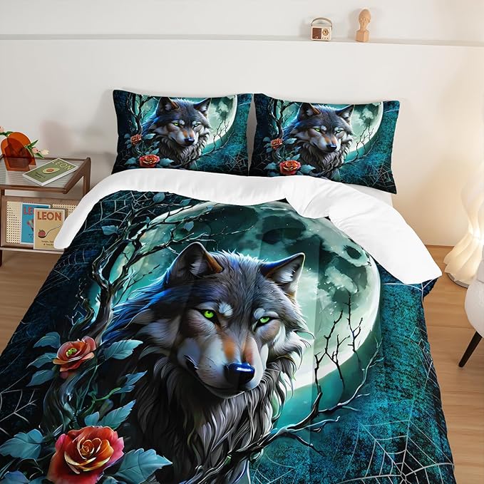 Wildlife Themed Bedding Wolf Comforter Set,Spooky Spider Web Vine Print Comforter Queen Kids Bed in a Bag,Moonlight Aesthetic Bedding Sets for Boys Teens Room Decor with 2 Pillowcases.