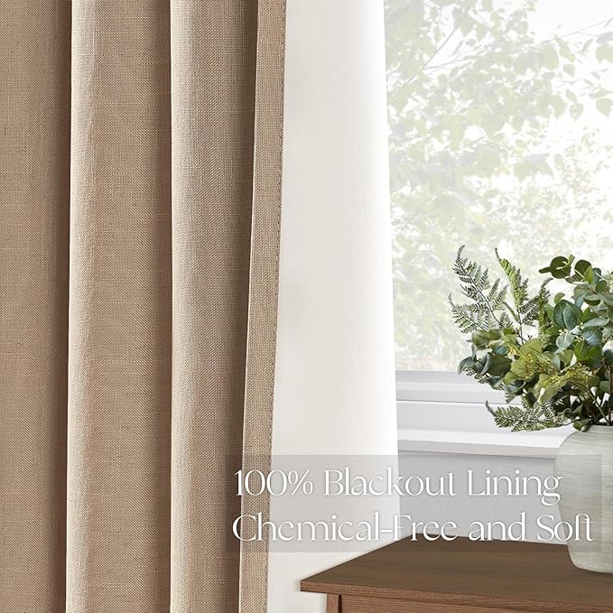 Topfinel Pinch Pleated Curtains 96 Inch Long, 100% Blackout Thermal Insulated Natural Linen Pinch Pleat Viral Drapes with Hooks Rings 2 Panel Sets, Neutral Birch Ivory 8FT Back Tab Window Curtains