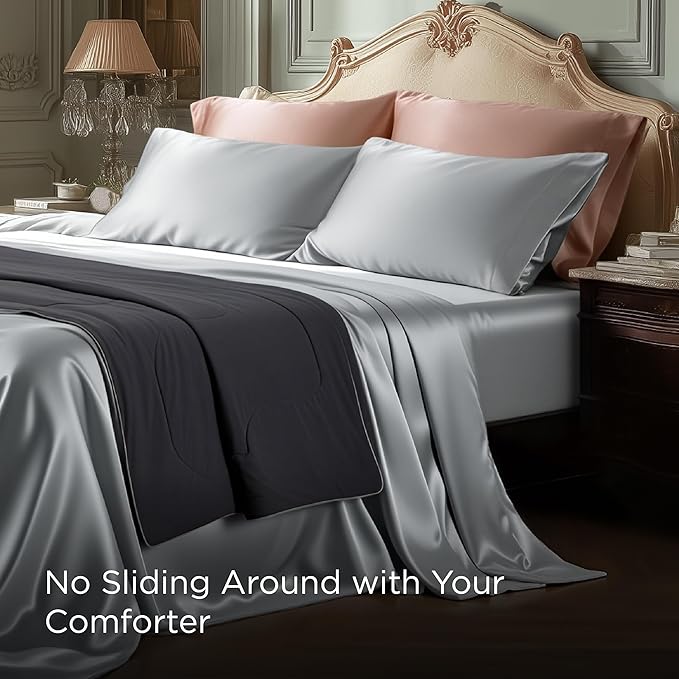 Bedsure Satin Sheets Twin Size - 3 Piece Silky Bedsheets with 15 Inches Deep Pocket Fitted Bedsheet,1 Flat Sheet, 1 Satin Pillowcase, Good for Hair & Skin (Twin, Silver Grey)