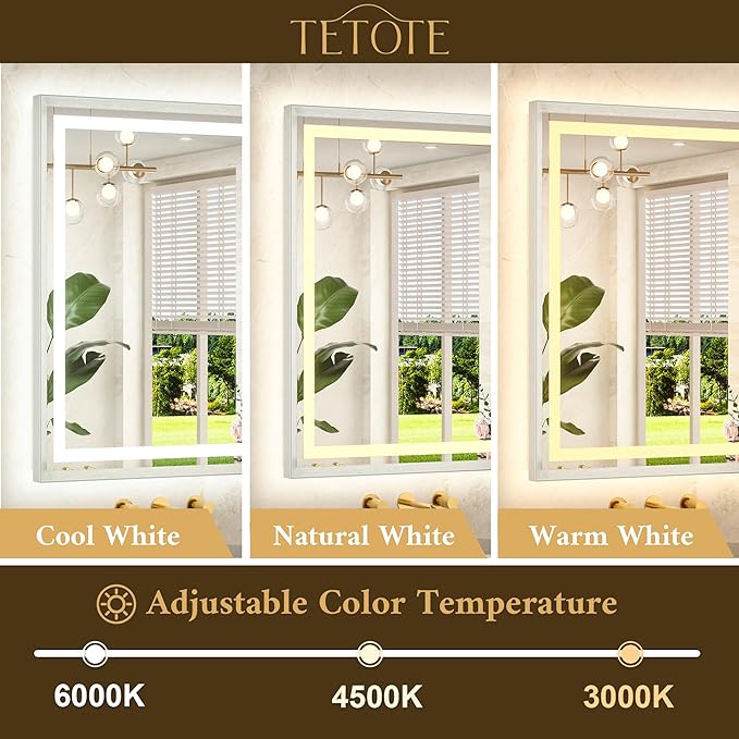 TETOTE 48 x 32 Bathroom LED Mirror Brushed Nickel Metal Frame Frontlit & Backlit Vanity Mirror Stepless Dimmable Anti-Fog 3 Colors White/Warm/Natural Lighted up Vanity Wall-Mounted