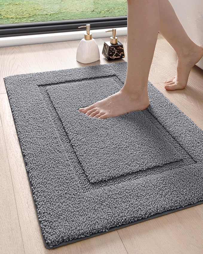 DEXI Bathroom Rugs 24x16, Washable Non Slip Bath Mat for Shower Floor, Absorbent Quick Dry Bathmat with Rubber Backing, Ultra Soft Plush Carpet for Tub, Grey
