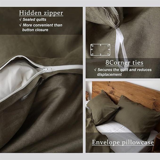 XZ XIFA Olive Green Linen Duvet Cover California King, 100% Washed French Flax Linen Bedding Set with Zipper Closure, Cooling & Textured Bed Sets for Hot Sleepers(1 Duvet Cover, 2 Pillowcases)