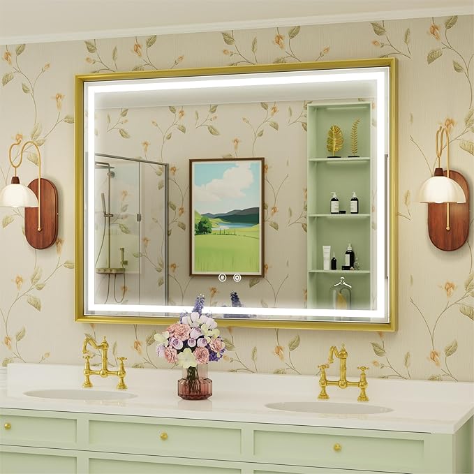 40x30 Inch Gold LED Mirror for Bathroom, 3 Color Temperatures (3000K/4500K/6000K), Anti-Fog, Dimmable Lights, Memory Function, Horizontal/Vertical Wall Mounted