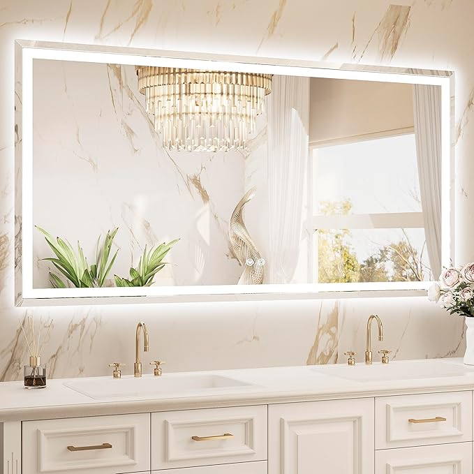 TETOTE 72 x 36 Inch Led Lighted Mirror for Bathroom Wall, Extra-Bright Beveled Bathroom Vanity Frontlit & Backlit Frameless Mirror with 3-Color Lights, Defogging, Tempered Glass, Waterproof