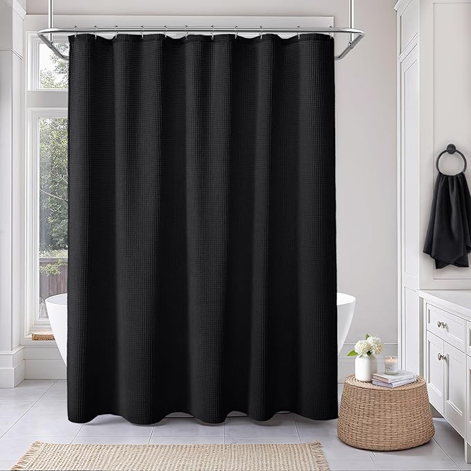 Stall Waffle Shower Curtain - Black Cotton Fabric Texture Heavyweight Shower Curtain for Narrow Bathroom,Washable,36Wx72L