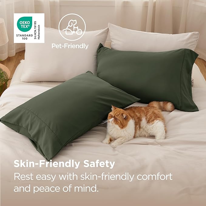 Bedsure Queen Pillow Cases Set of 2 - Olive Green Microfiber Pillowcase 2 Pack, Super Soft Double Brushed Pillow Case Covers with Envelope Closure, Wrinkle, Fade and Stain Resistant, 20x30 Inches