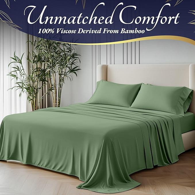 DECOLURE 100% Viscose Derived from Bamboo Sheets Full Size 4pcs - Ultra Soft & Luxuriously Cooling, 17" Deep Pocket, Double Stitching, Perfect for Hot Sleepers - Full Bed Sheets (Sage Green)