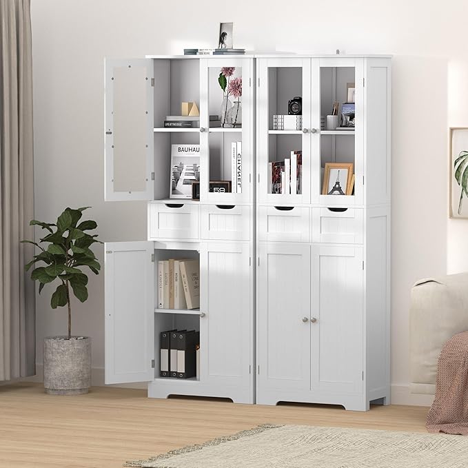 67" Tall White Bathroom Cabinet Storage Cabinet, Freestanding Storage Cabinet with Glass Door and Adjustable Shelves, Bathroom Cabinet for Living Room, Kitchen, Dining, White