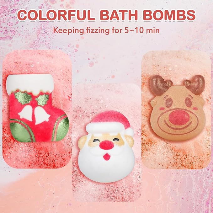 SHUCHING 9 XXL Christmas Bath Bombs with Surprise Inside, Natural and Organic Bubble Bath Fizzy Balls Gifts Set for Kids Boys Girls, Santa Claus and Reindeer Shaped