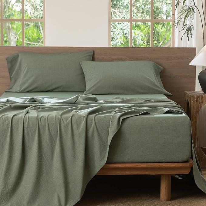 MooMee Bedding Sheet Set 100% Washed Cotton Linen Like Textured Breathable Durable Soft Comfy (Heathered Green, Twin)