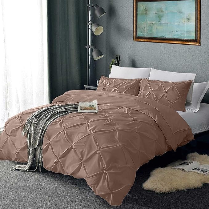 Pinch Pleated Duvet Cover Set 100% Brushed Microfiber 3PC Twin Size 68x90 Duvet Cover Set, Decorative Pinch Design Taupe Duvet Cover with Matching Pillow Case