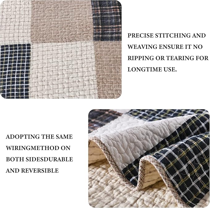Y-PLWOMEN Quilt 100% Cotton King Size Quilt Set, Brown Khaki Black White Patchwork Plaid Bedspread, Lightweight Reversible Soft Summer Quilt Bedding Set, 3-Pieces