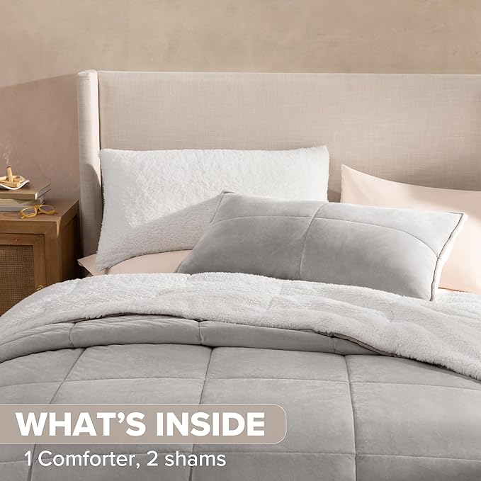 UGG Blissful Comforter Set with 2 Pillow Shams Reversible White Comforter Plush Fluffy Warm Bed Set Premium Hypoallergenic Down Alternative Bedding Breathable, King/California King, Seal Gray
