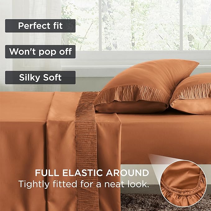Bedsure Queen Sheet Set - 4 Pieces Soft Queen Size Sheets - Breathable & Cooling - Hotel Luxury - Easy Care Polyester Microfiber Bedding for Women, Men, Terracotta