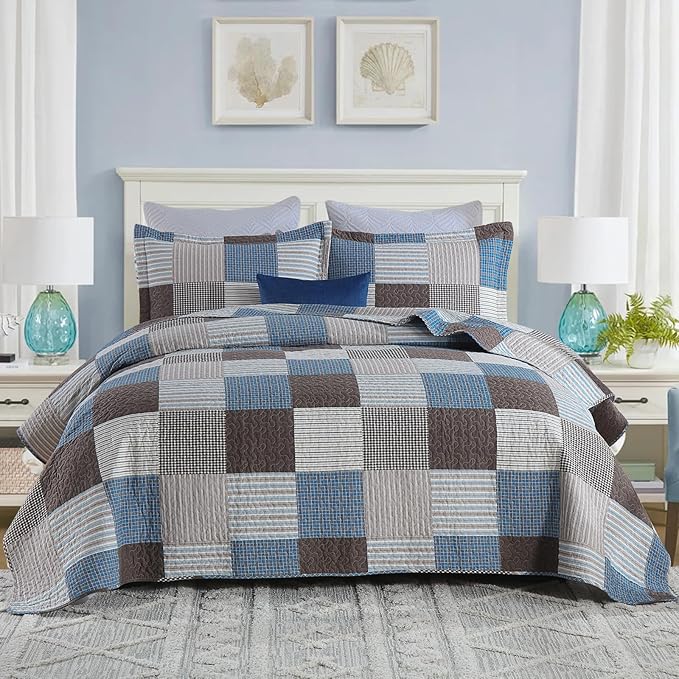 Uniclinens Plaid Quilt Set King Size, 100% Cotton Patchwork Quilt Bedding Set Bedspreads, Farmhouse Lightweight Comforter Quilted Quilt, 3 Pieces Set with 2 Pillowshams, Blue/Brown/White