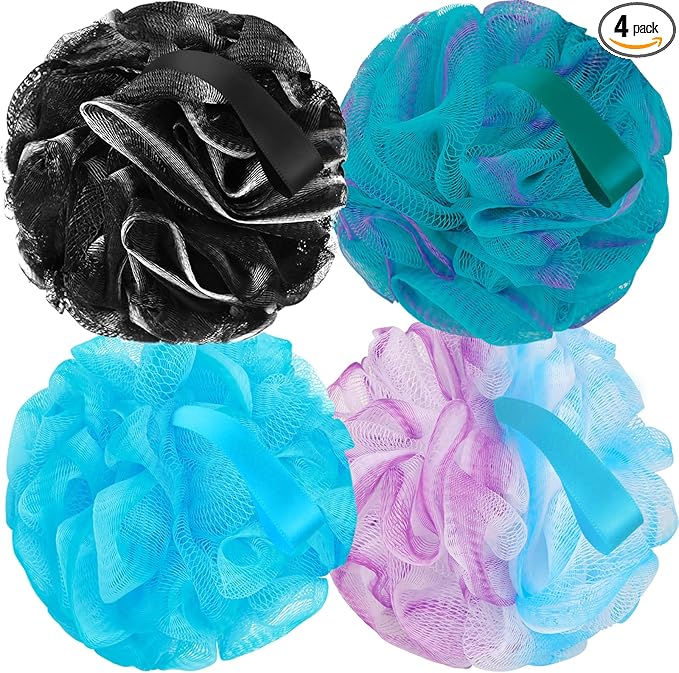 Bath Loofah Sponge Back Scrubber Shower Sponge Soft Mesh Exfoliator Pouf Shower Ball Bath Sponges for Women and Men Bath Accessories (4Pcs 50g Mix Black)