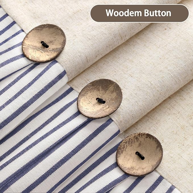 Farmhouse Shower Curtain Linen Button Woven Fabric Country Rustic Western, Pleated Blue Stripe 72" W x 72" L