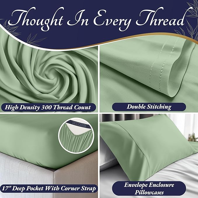 DECOLURE 100% Viscose Derived from Bamboo Sheets King Size 4pcs - Ultra Soft & Luxuriously Cooling, 17" Deep Pocket, Double Stitching, Perfect for Hot Sleepers - King Bed Sheets (Sage Green)