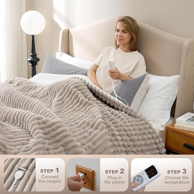 Hansleep Heated Blanket Electric Blanket Full Size, Heating Blanket with 9 Heating Levels and 10-Hour Timer Auto Shut Off, Washable Soft Warm Winter Blanket, 72 x 84 Inches, Linen