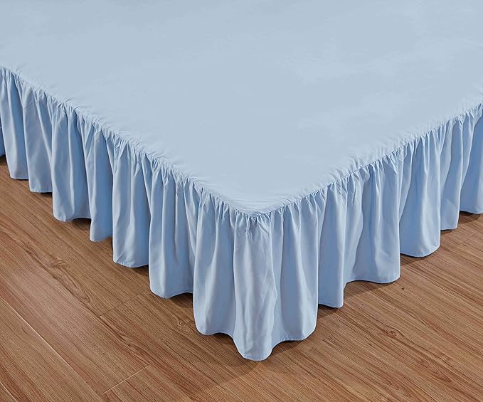 Sheets & Beyond Wrap Around Solid Microfiber Luxury Hotel Quality Fabric Bedroom Gathered Ruffled Bedding Bed Skirt 14 Inch Drop (Full, Light Blue)