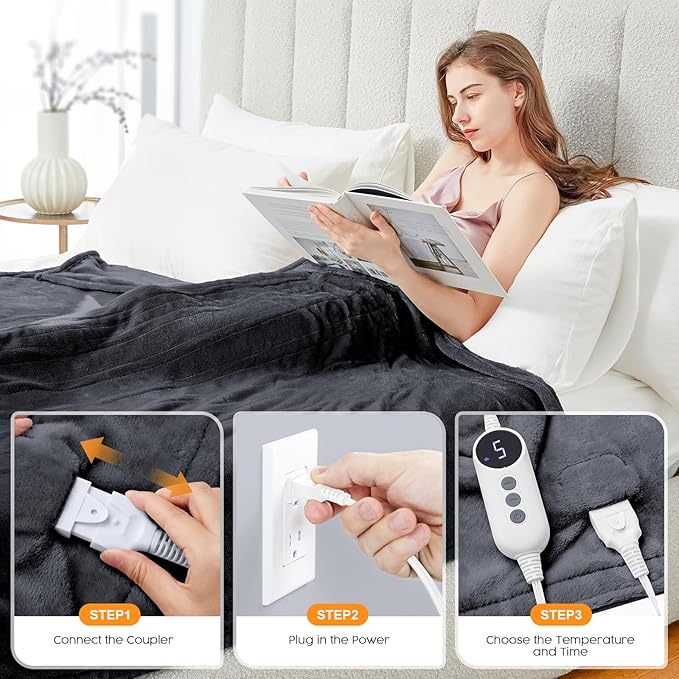 HYLEORY Heated Electric Blanket Throw, 2-Layer Cozy Warm Flannel 62" x 84", Heating Blanket with 9 Heating Levels, 2/4/6/10 Hours Auto Off, Fast Heating Winter Blanket, Dark Grey