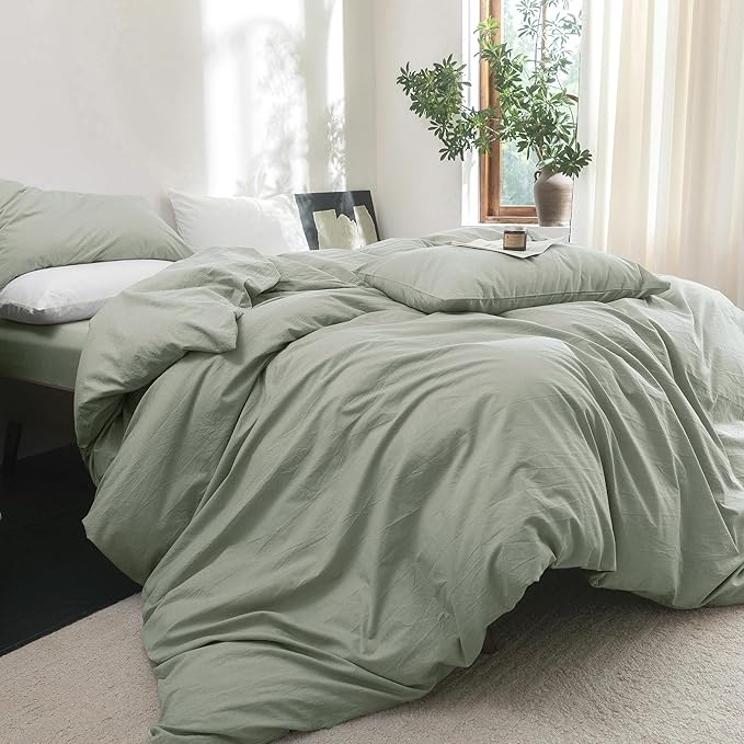 FOSSA Duvet Cover Set 100% Washed Cotton Linen Feel Super Soft Breathable Cozy 3 Pieces Bedding Sets Solid Sage Green California King