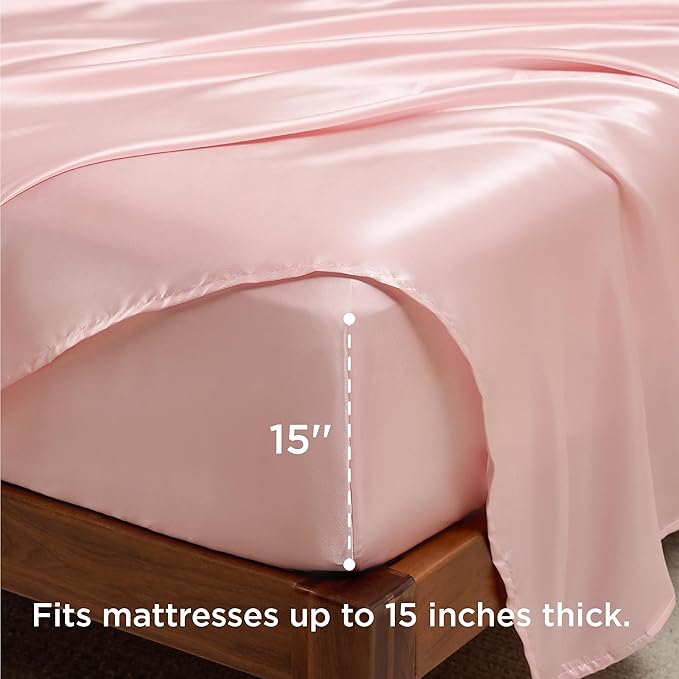 Bedsure Pink Satin Sheets Full Size - 4 Piece Silky Bedsheets with 15 Inches Deep Pocket Fitted Bedsheet,1 Flat Sheet, 2 Satin Pillowcases, Good for Hair & Skin (Full, Pink)