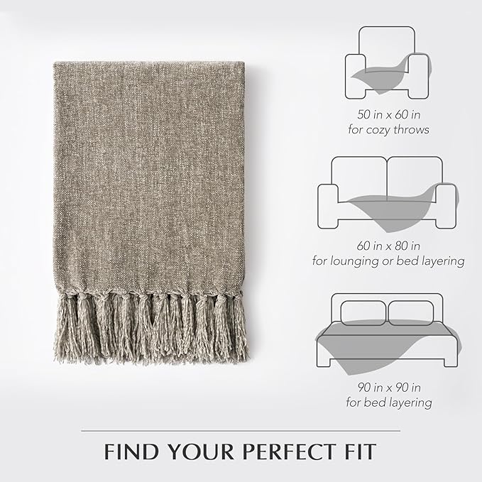 EVERGRACE Soft Chenille Throw Blanket for Couch, Cozy Plush Fuzzy Decorative Chenille Knit Throw Blanket with Tassels, Lightweight Blanket and Throws for Bed Sofa Gift Home Decor, Taupe 50"x60"