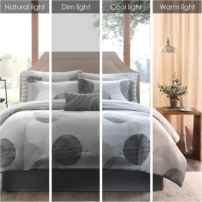 Madison Park Essentials Bed in a Bag Comforter, Vibrant Color Design All Season Down Alternative Cover with Complete Cotton Sheet Set, Full(78"x86"), Knowles, Circular Grey, 9 Piece