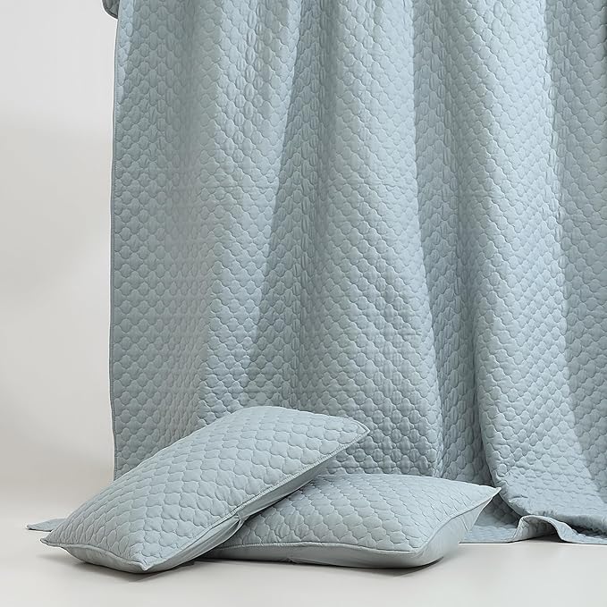 HORIMOTE HOME Quilt Queen Size Chambray Blue, Lightweight Quilt for Summer Ultra-Soft Microfiber Modern Style Quilted Clouds Pattern Bedspread Quit Set 3 Pieces(1 Quilt and 2 Pillow Shams)