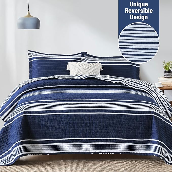 Striped Queen Size Quilt - 100% Cotton Navy Blue White Striped Modern Boys Men Unisex Quilt Bedspread for Queen Bed, Lightweight Reversible Quilted Bedding Set with 2 Pillow Shams, All Season