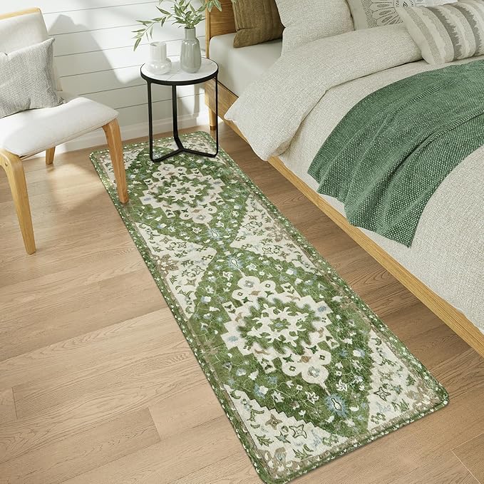 Uphome Vintage Bathroom Runner Rug Sage Green Boho Non-Slip Kitchen Runner Oriental Soft Machine Washable Hallway Rug Tribal Floral Aesthetic Shower Mat for Bedroom Entryway Kids Room, 24x71 inch