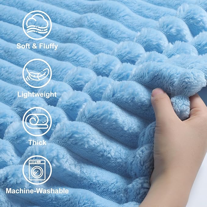 decorUhome Christmas Soft Fleece Blue Throw Blanket for Couch, Cozy Fluffy Plush Flannel Striped Blanket for Sofa Bed, Lightweight Decorative Ribbed Fuzzy Blanket for Woman, 50x60 Inches