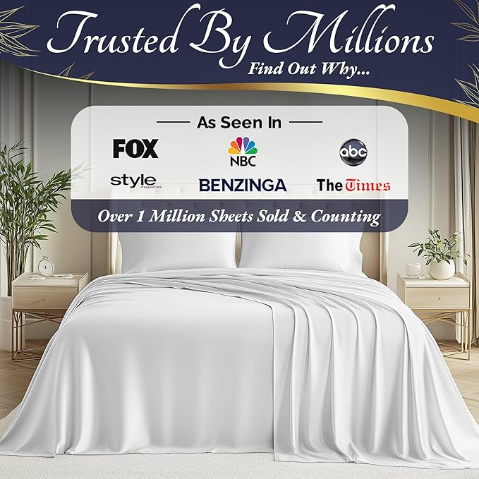 DECOLURE 100% Viscose Derived from Bamboo Sheets Queen Size 4pcs - Ultra Soft & Luxuriously Cooling, 17" Deep Pocket, Double Stitching, Perfect for Hot Sleepers - Queen Bed Sheets (White)