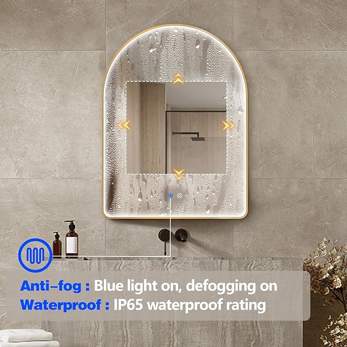 Niccy Arched LED Bathroom Mirror, 36"x24" Gold Framed Arch Wall Lighted Mirrors, Arching Frontlit Vanity-Mirror with Memory Function for Bathroom Bedroom, Defogger and 3 Color, Explosion-Proof