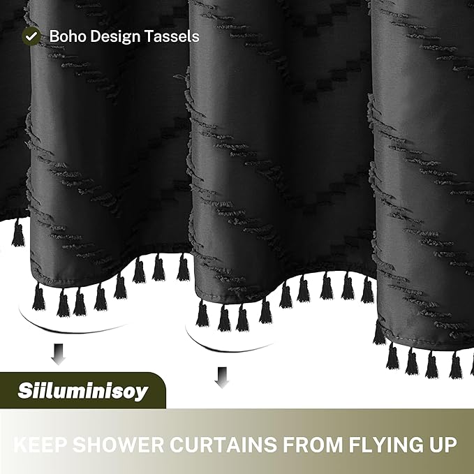 Stall Boho Shower Curtain Black Tassel Woven Fabric Shower Curtain 42 x 72 Modern Farmhouse Textured Tufted Chevron Striped Minimalist Bathroom Shower Curtain