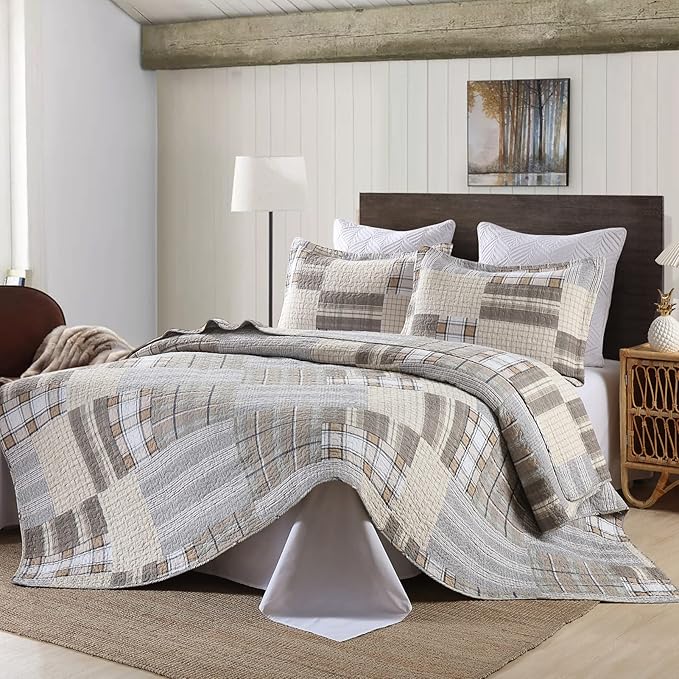 KALOOLA 100% Cotton Quilts Queen Size, Farmhouse Brown Plaid Queen Quilted Bedding Set 3 Pieces, Rustic Lightweight Bedspread Coverlet with 2 Pillowshams for All Season