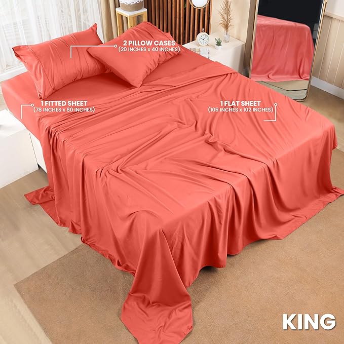 Utopia Bedding King Sheet Set – 4 Piece Bed Sheets for King Size Bed, Soft and Breathable Microfiber, Includes 1 Fitted Sheet, 1 Flat Sheet and 2 Pillowcases (Coral)