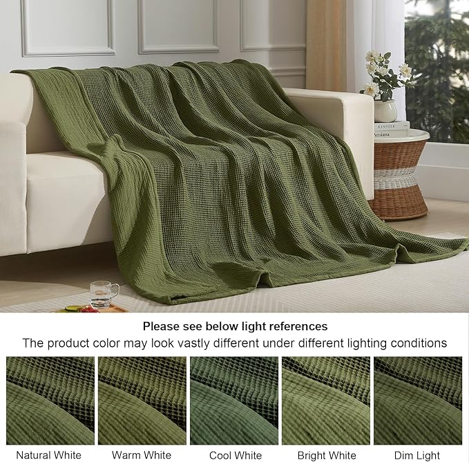 PHF 100% Cotton Waffle & Muslin Throw Blanket Large, Soft Breathable Luxury 400GSM Versatile Reversible Bedding for Couch, Great for Layering in Cold Weather, Home Decor Gift, 50" x 70", Olive Green