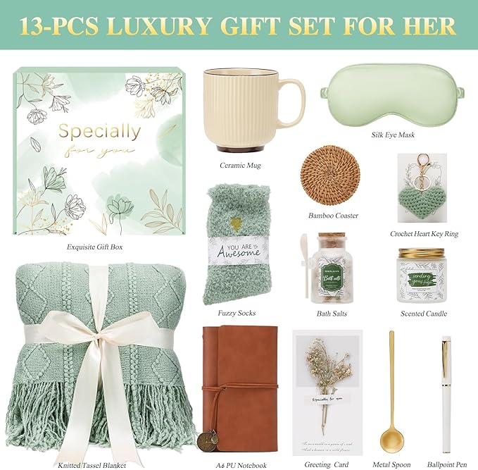 Get Well Gifts for Women Self Care Gift Basket - Birthday Gifts for Women Spa Care Package - Sympathy Inspirational Thinking of You Gift Set for Her Mom Sister Friend Wife Girlfriend (Green)