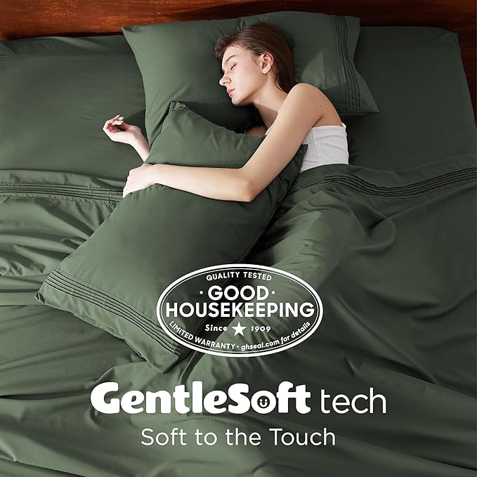 Bedsure Deep Pocket King Sheet Set - Fits Mattresses Up to 21 Inches Thick - 4 Piece GentleSoft Bed Sheets, Moisture Wicking, Soft & Cooling Bedsheet & Pillowcases, Easy & Secure Fit, Olive Green