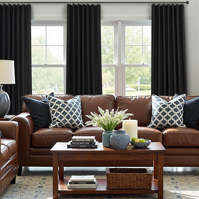 Black Curtains 84 Inches Long for Bedroom 2 Panel Set Linen Textured Total Blackout Thermal Insulated Darkening Dark Curtains Black Out Shades for Living Room Floor Length Window Drape Back Tab Pocket
