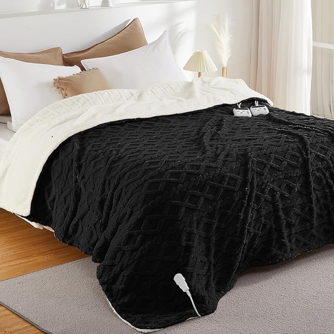 CAROMIO Electric Blanket King Size Dual Control - Thick Tufted Sherpa Heated Blanket King with 10 Heating Levels and 10 Time Settings, ETL Certified Fast Heating Blanket King Size 90"×100", Black