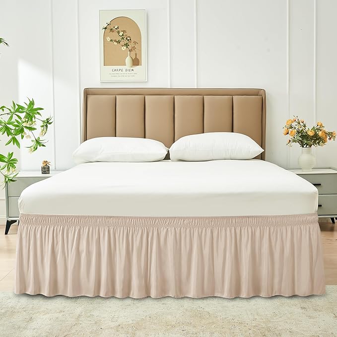 Biscaynebay Wrap Around Bed Skirts with Adjustable Belts for Full & Full XL Beds 15" Drop, Sand Elastic Dust Ruffles Easy Fit Wrinkle & Fade Resistant Silky Luxurious Fabric Machine Washable
