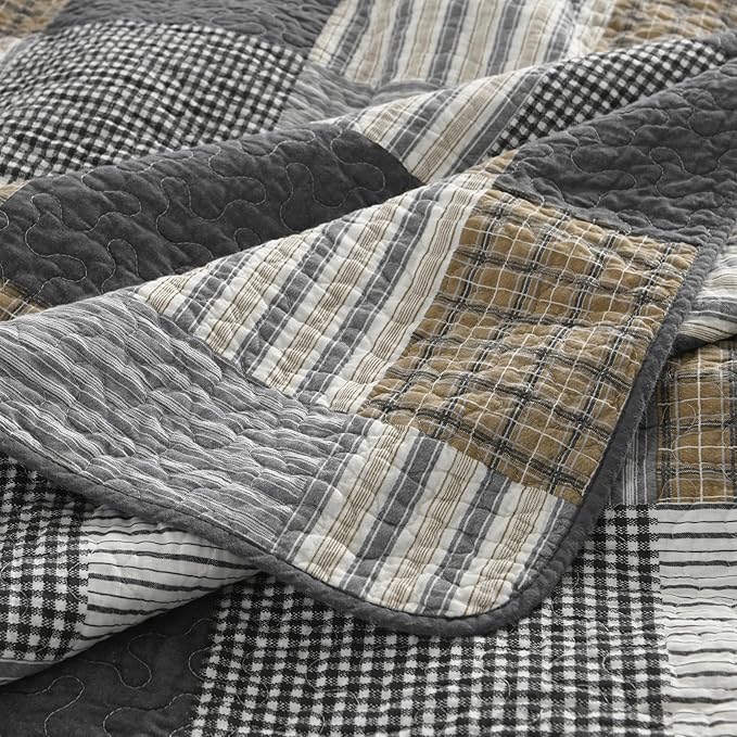 KALOOLA Plaid Quilt King Size, 100% Cotton Soft Lightweight Quilted Bedding Set for King Bed, Farmhouse Reversible Bedspread Coverlet with 2 Pillowshams for All Season, 3 Pcs, Grey/White/Black