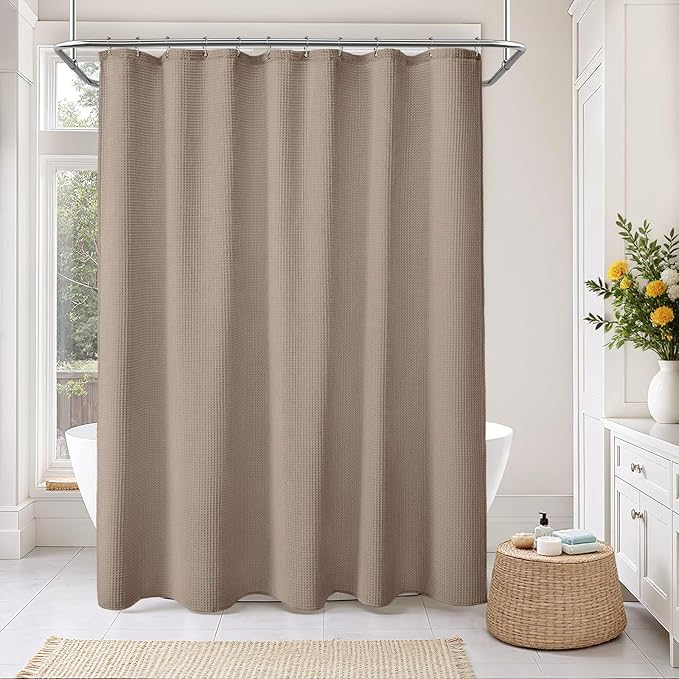 Long Waffle Shower Curtain - Beige Cotton Texture Fabric Heavyweight Shower Curtain for Bathroom,72Wx78L