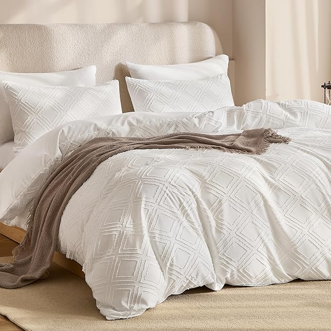 JELLYMONI Duvet Cover Twin Size White - 3PCS Boho Duvet Cover Set Plaid Polyester Tufted Bohemian Jacquard Knit Textured Comforter Cover 68×90in Rhombic Geometric Pattern Corner Ties & Zipper