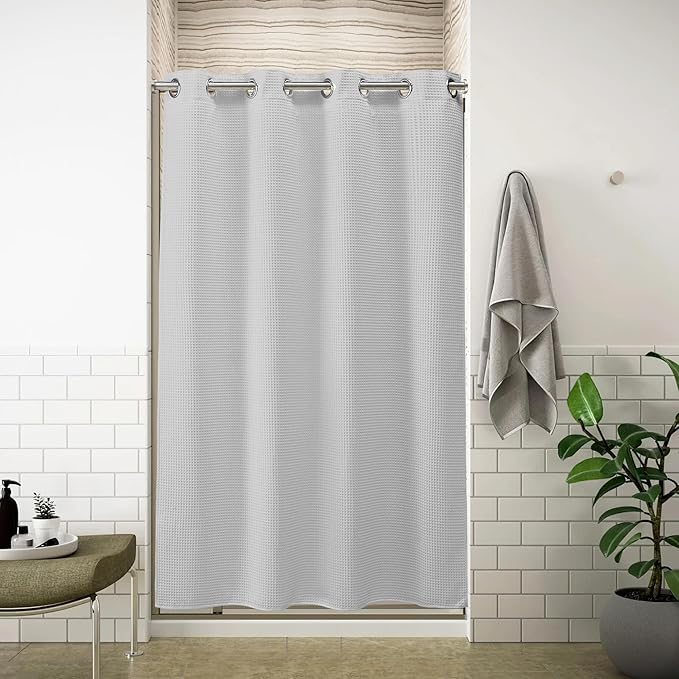 River Dream 54" W Stall Waffle No Hooks Shower Curtain with Snap in Liner,Cotton Blend Fabric Shower Curtain for Bathroom,Hotel Quality,Grey,54Wx80L